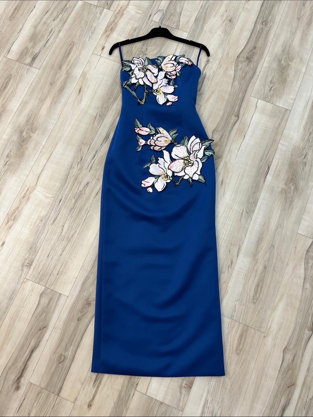 Royal Blue Strapless Floral Appliqué Evening Gown